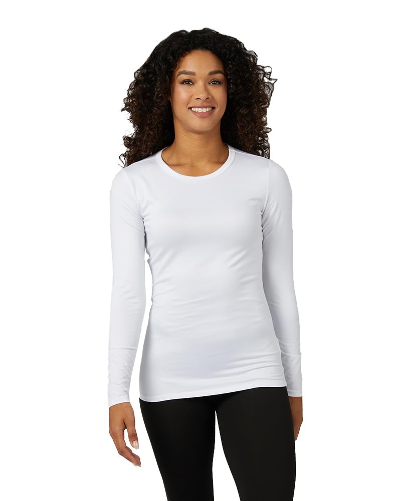 32 Degrees Heat Women's Lightweight Crew Baselayer Top | Form Fitting | Long Sleeve | 4-Way Stretch | Thermal, White, X-Large