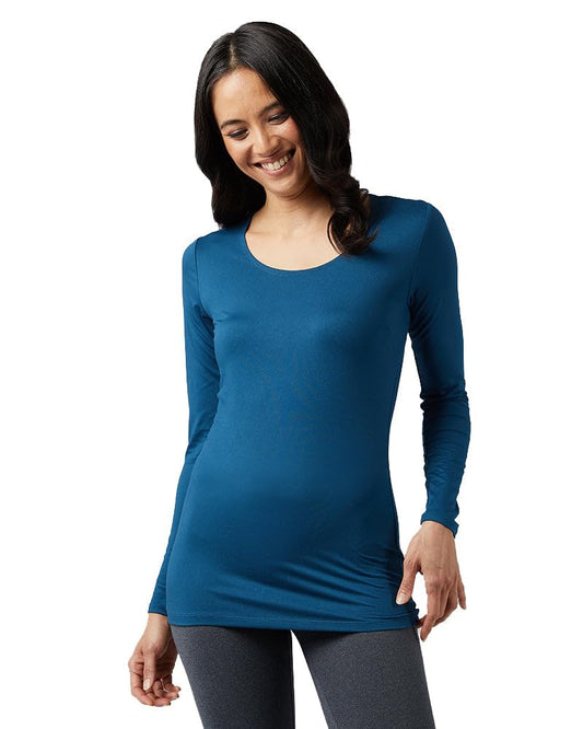 32 Degrees Women's Lightweight Baselayer Scoop Top | Form Fitting | Long Sleeve | 4-Way Stretch | Thermal, Majolica Blue, X-Small