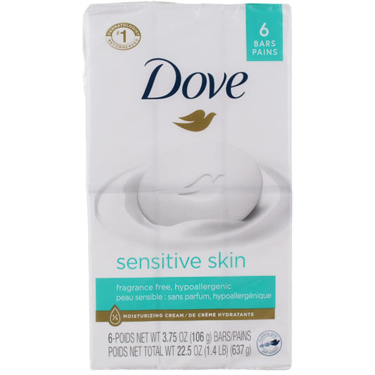Dove Moisturizing for Softer Skin, Fragrance-Free, Hypoallergenic Beauty Bar Sensitive Skin Effectively Washes Away Bacteria While Nourishing Your Skin 3.75 oz, 6 Bars