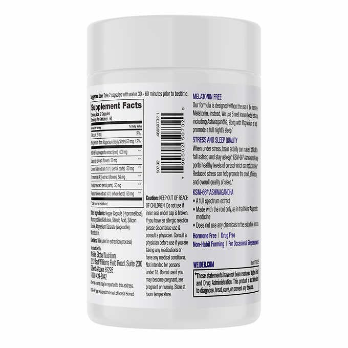 Weider Melatonin Free Sleep Aid Supplement with KSM-66 Ashwagandha, Magnesium, Lavender, Lemon Balm, Chamomile, Valerian and Passionflower Extracts, Hormone & Drug- Free, Non-Habit Forming, 120ct