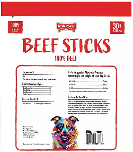 Irish Rover 100% Beef Stick Dog Treats, 30+ Sticks, 2.2 lbs