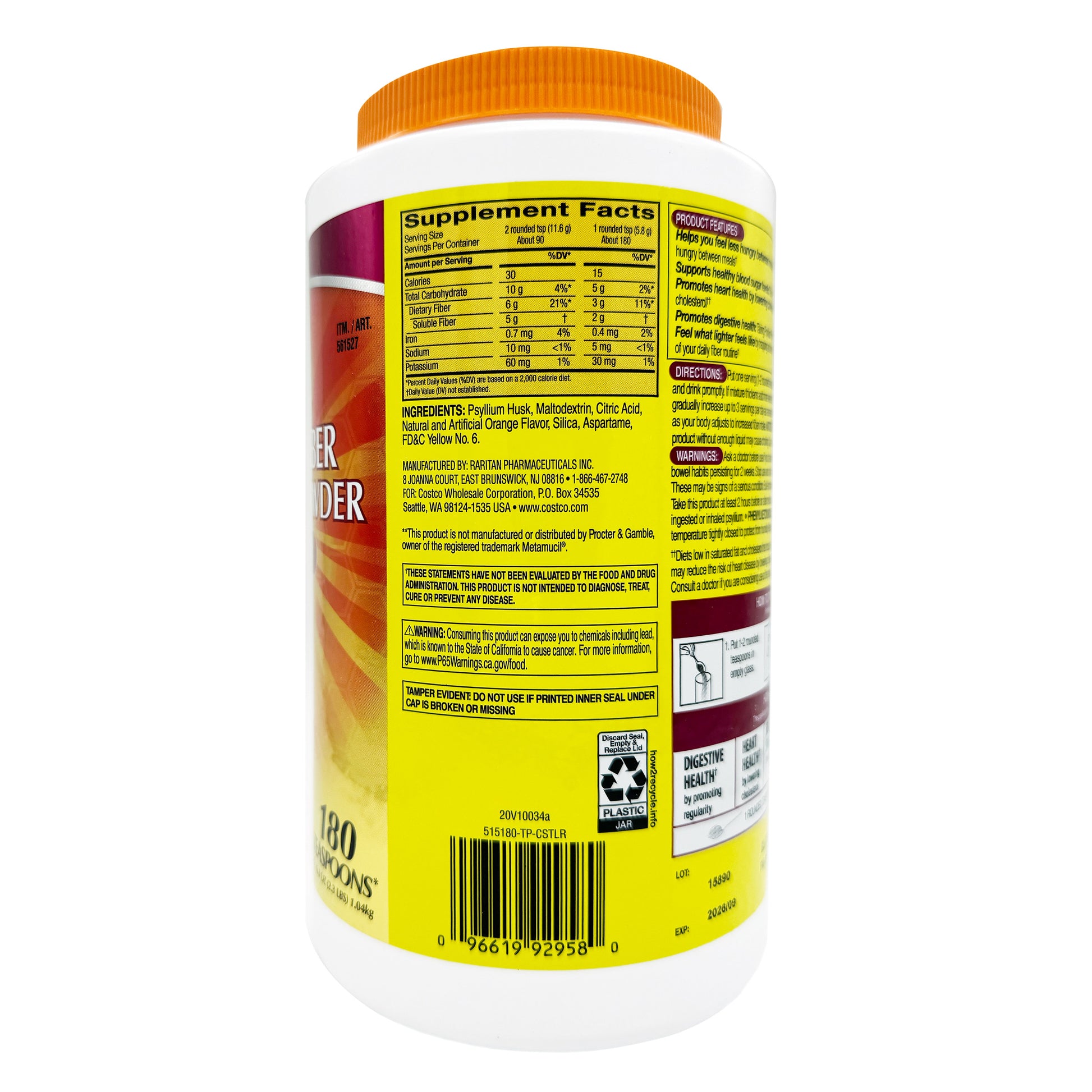 KIRKLAND SIGNATURE PSYLLIUM FIBER POWDER SUGAR-FREE 2X180 DOSE • SUGAR FREE ORANGE