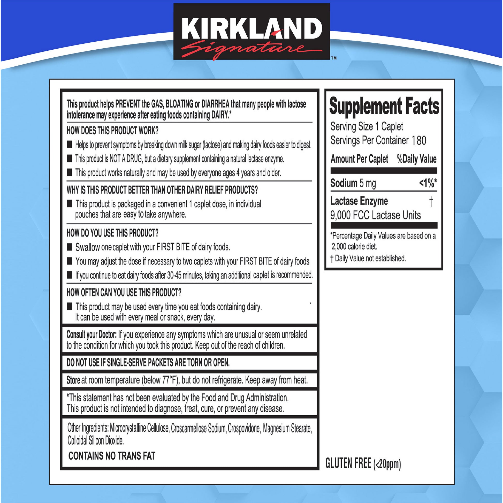 KIRKLAND SIGNATURE FAST ACTING LACTASE CAPLETS 180 COUNT