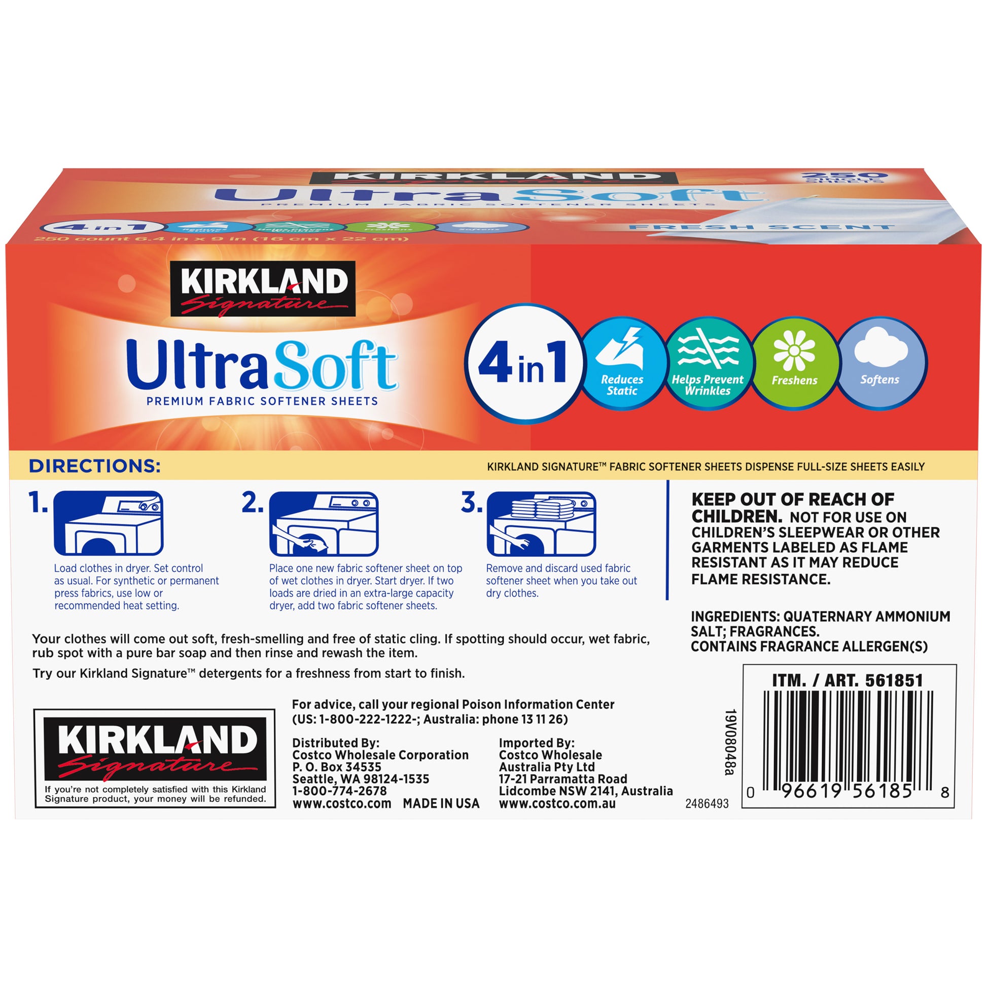 KIRKLAND SIGNATURE FABRIC SOFTENER SHEETS 2/250 SHEETS
