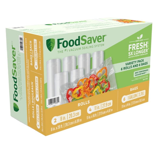 FoodSaver Vacuum Seal Variety Pack – 2 Rolls (8"x20"), 4 Rolls (11"x16"), 6 One-Gallon Bags