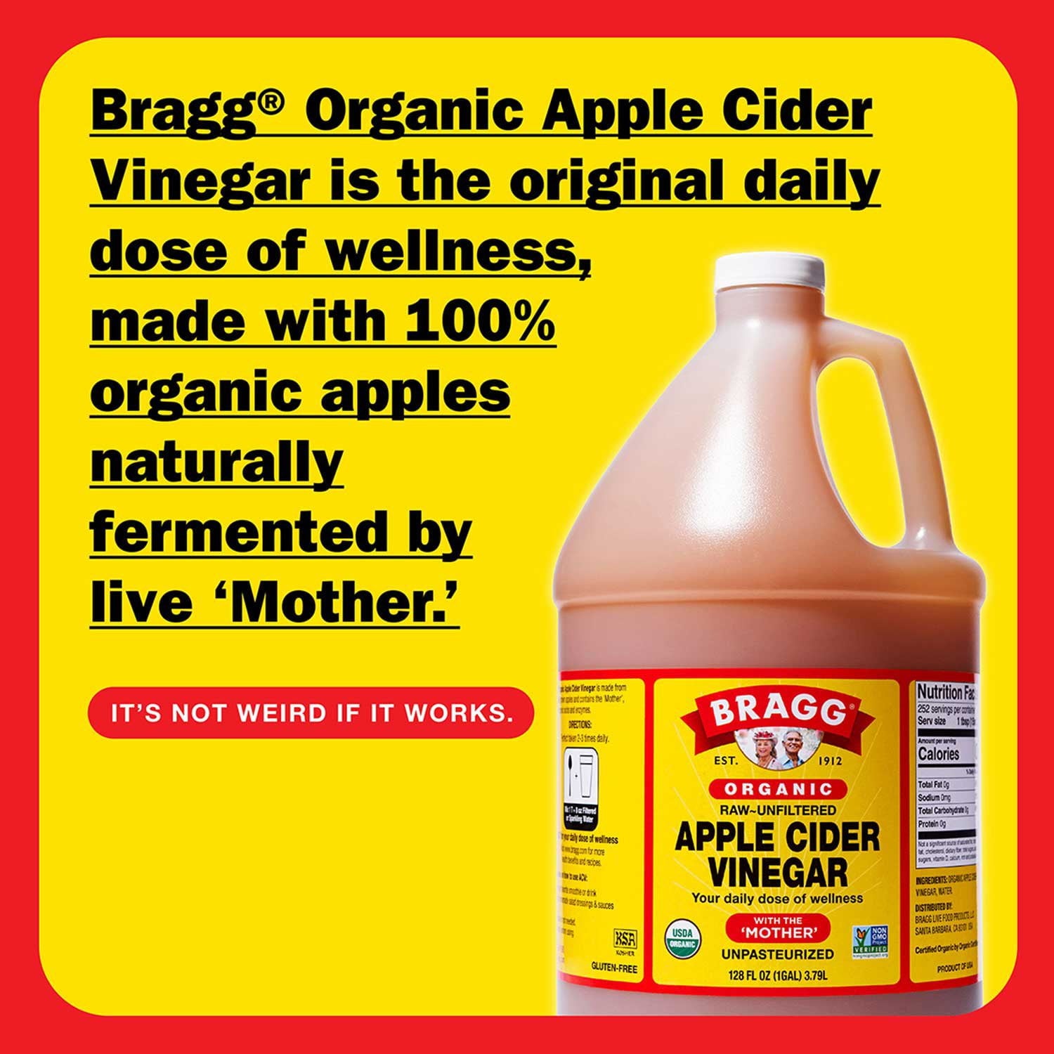 Bragg Organic Raw Unfiltered Apple Cider Vinegar, 128 fl. oz.