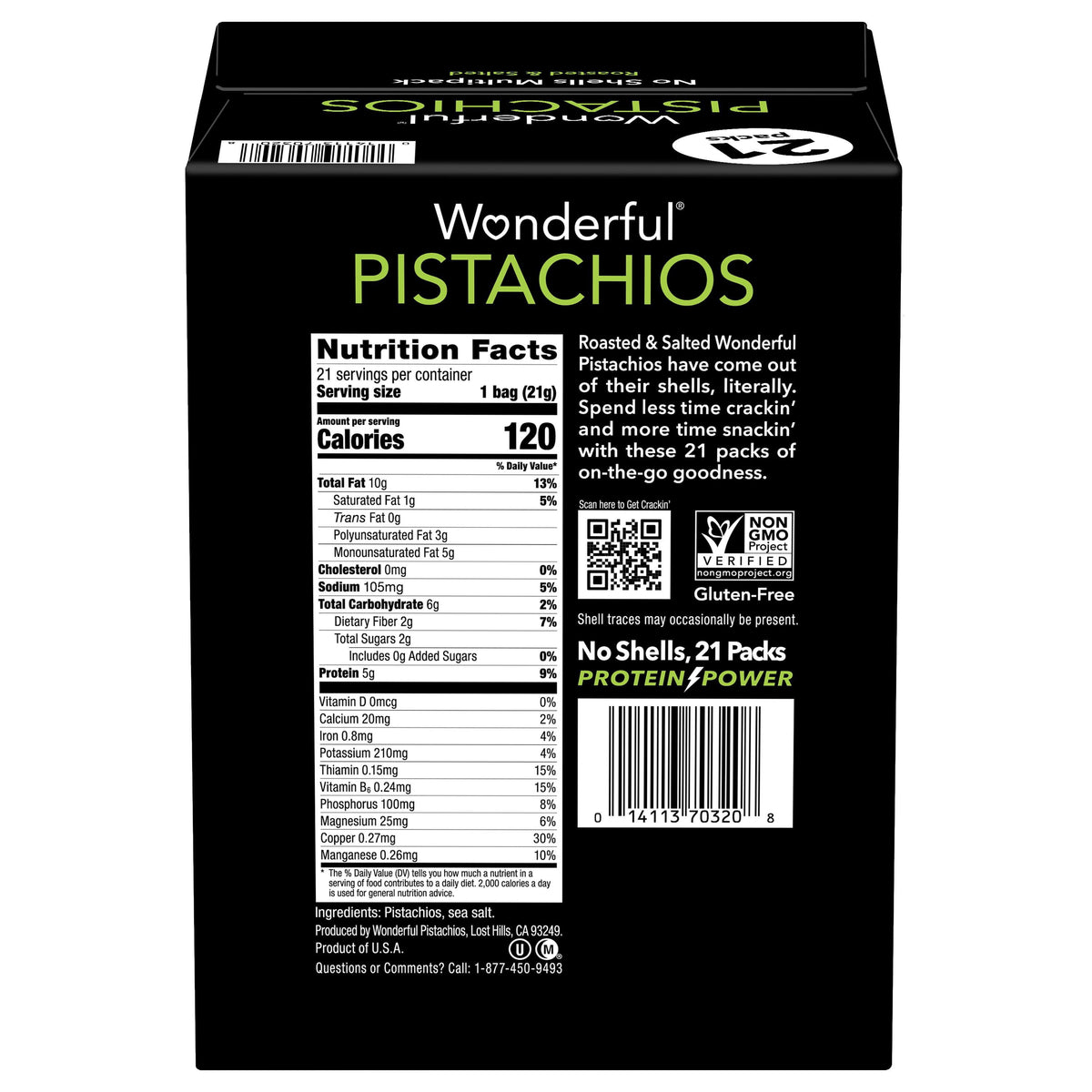 Wonderful Salted & Roasted Pistachios, No Shells, 0.75 oz., 21 pk.