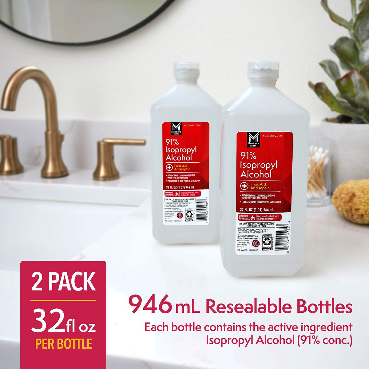Member's Mark 91% Isopropyl Alcohol, 32 fl. oz., 2 pk.