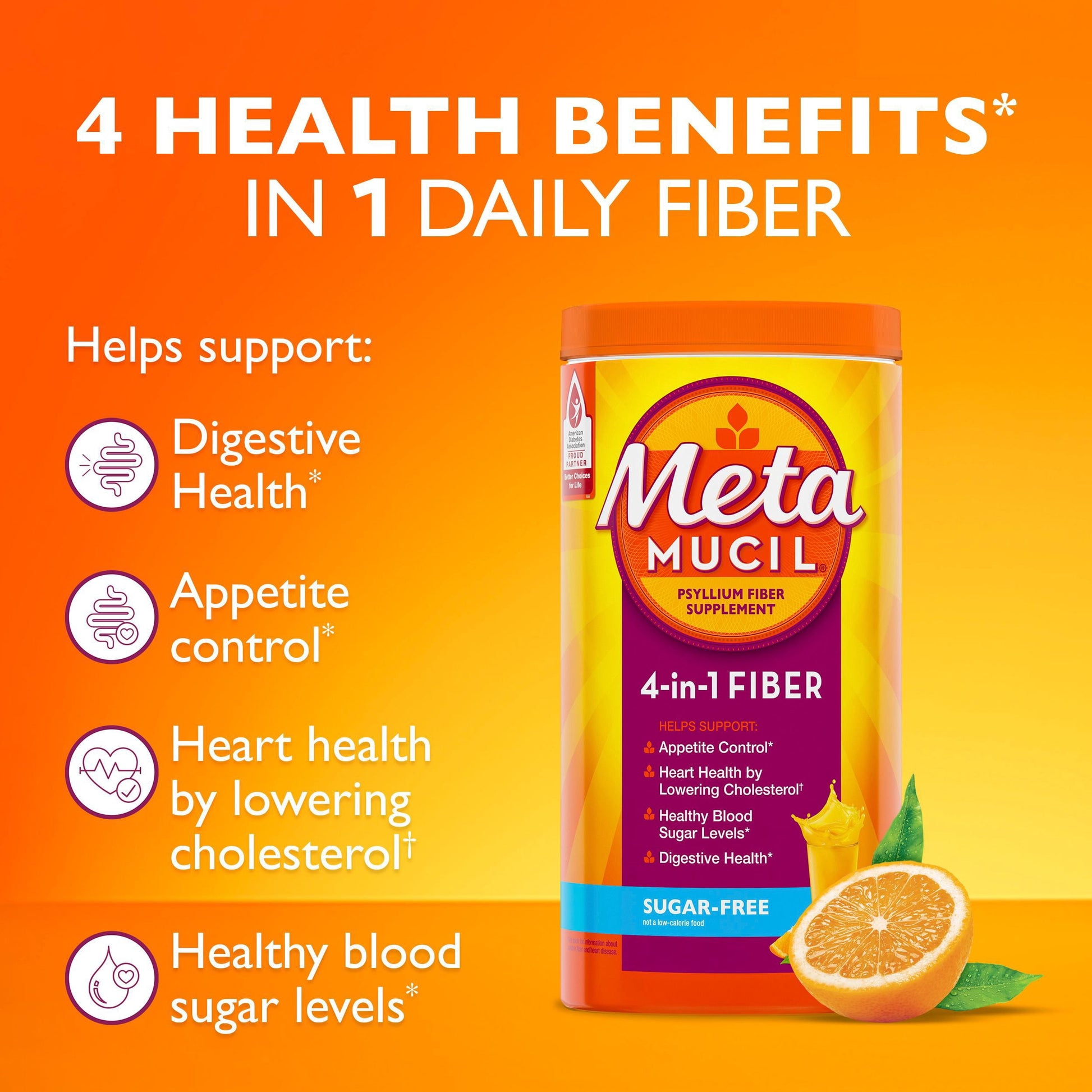 Metamucil Psyllium 4in1 Fiber Sugar-Free Powder, Orange, 26.6 oz., 2 pk.