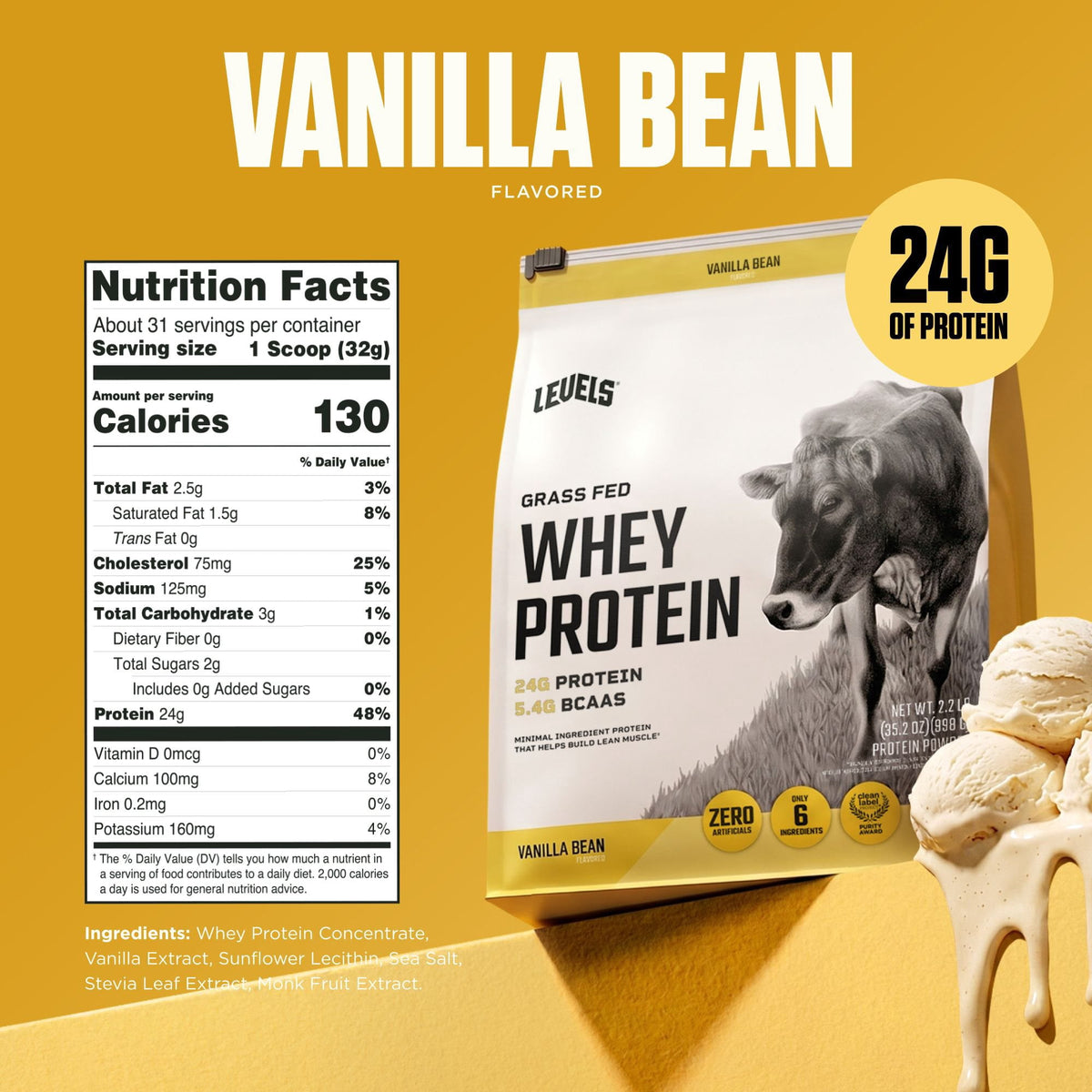 Levels 24g Grass Fed Whey Vanilla Bean Protein Powder, 2.2 lbs.