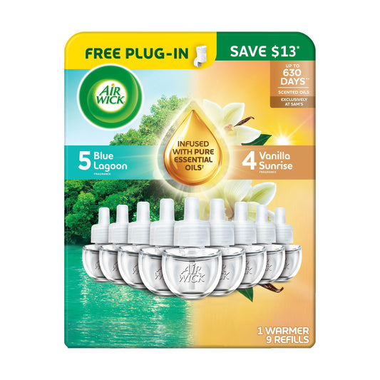 Air Wick Plug In Scented Oil Air Freshener, Blue Lagoon + Vanilla Sunrise, 1 Free Warmer + 9 Refills