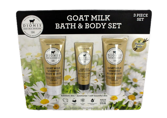 Dionis Goat Milk Bath & Body Set, 3 Piece Set, Includes 1 oz. (28 g) Body Lotion & 2 fl oz. (59mL) Whipped Body Scrub x2, Cruelty Free, Paraben & Sulfate Free, Dermatologist Tested (Vanilla Bean)