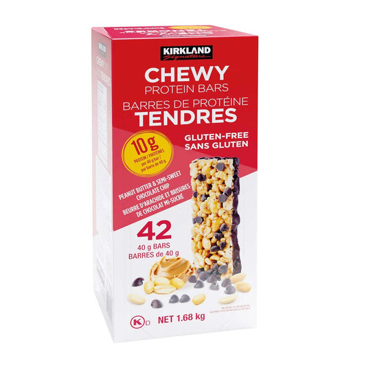 KIRKLAND SIGNATURE Chewy Protein bar Peanut Butter & Semisweet Chocolate Chip (42 X 1.41 Oz) Total Net Wt (59.2 Oz), 59.2 Ounce (Pack of 1)