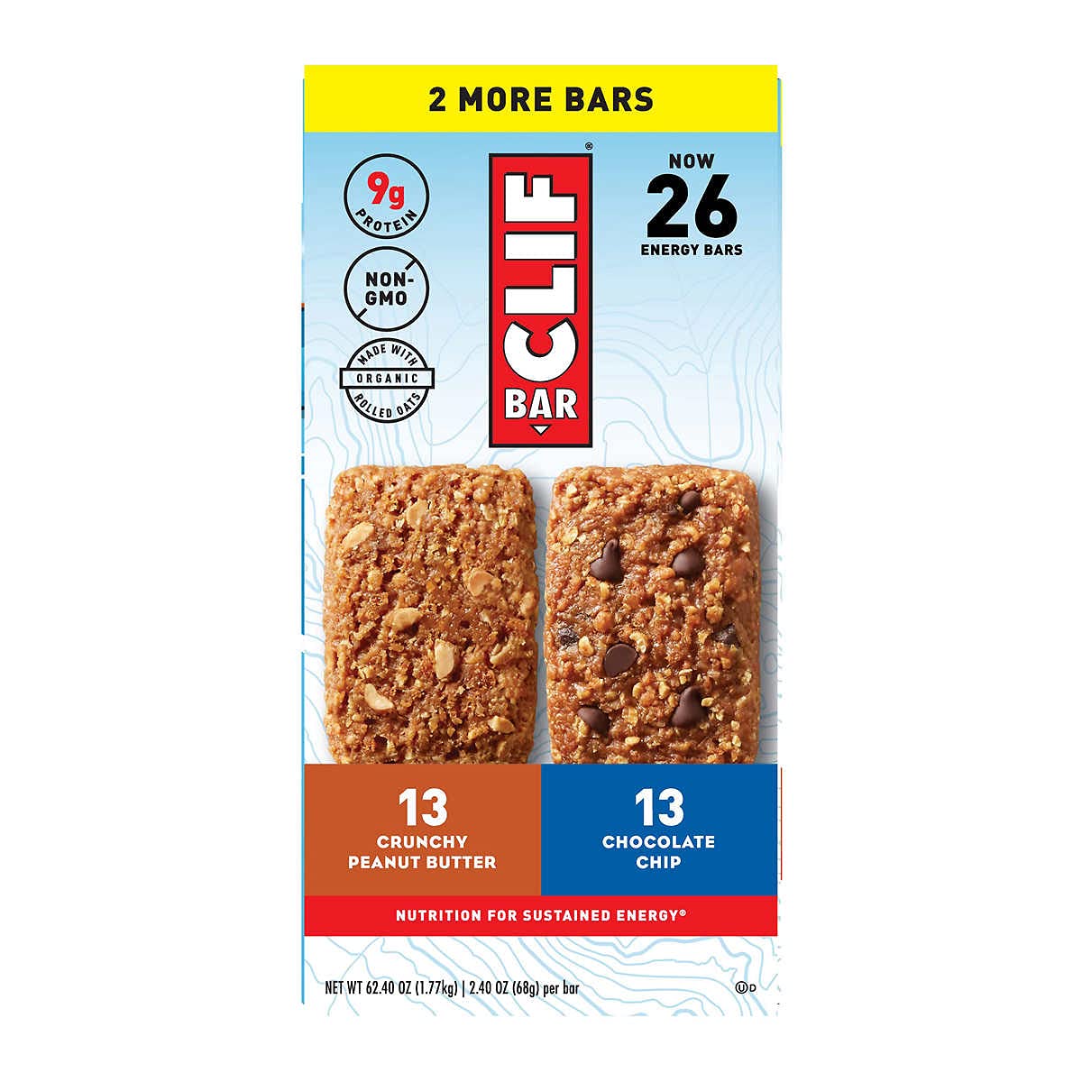 Clif Bar Variety Pack, Crunchy Peanut Butter and Chocolate Chip, 2.40 oz per bar, 26 Count