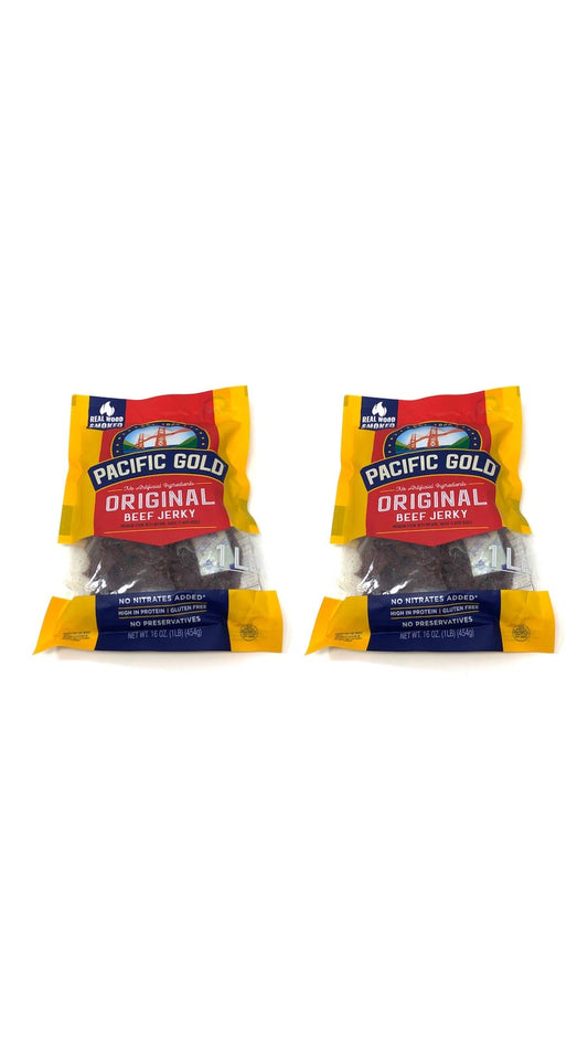 Pacific Gold Original Beef Jerky Gluten Free Real Wood Smoked Beef Jerky - 16 oz Per Bag - No Nitrates, No Preservatives, and High In Protein - Choose 2 Pack or 3 Pack (2 Pack)