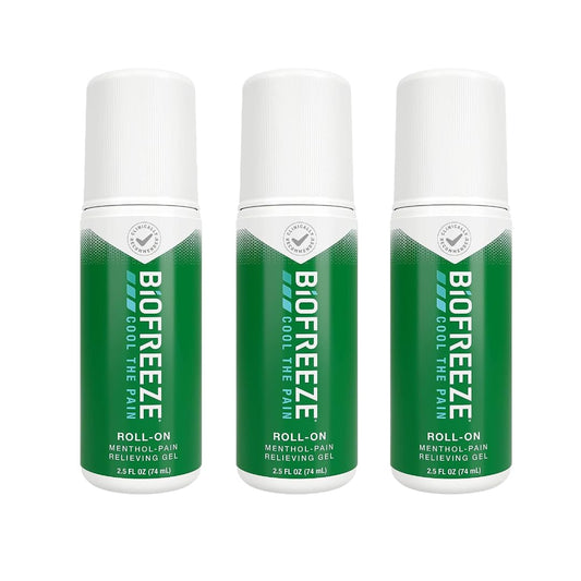 Biofreeze 13451 Roll-On Pain-Relieving Gel, 2.5 FL oz, Green Topical, Arthritis, Strains, Bruises, & Sprains (7.5 Fl Oz (Pack of 3), 3, Count)