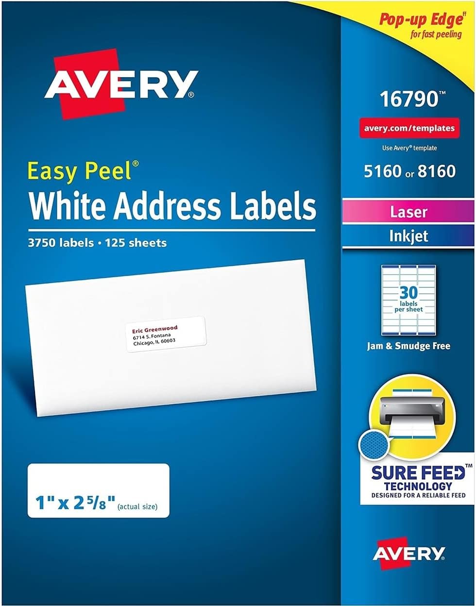Avery Easy Peel Address Labels, Permanent Adhesive, 1" x 2-5/8", 3750 Labels
