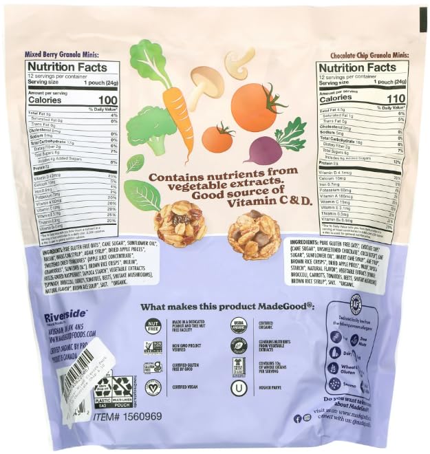 Made Really Good Granola Minis, Chocolate Chip and Mixed Berry, 24 Pouches, USDA Organic, Nut Free