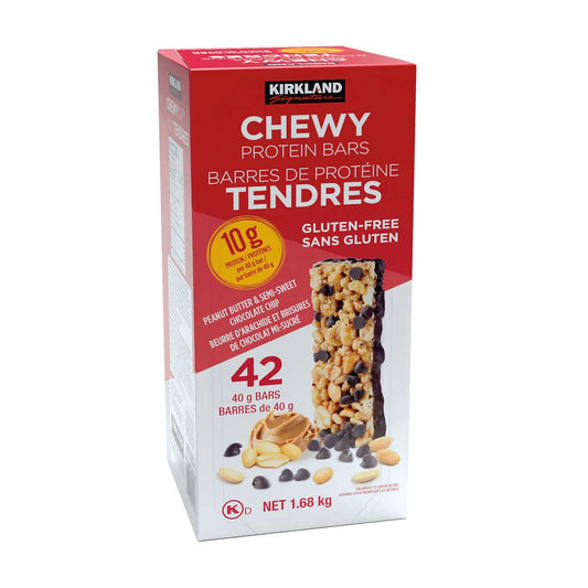 Kirkland Signature Chewy Protein Bars, Peanut Butter & Semi-Sweet Chocolate Chip Flavor, 42 Bars, 1.68kg/3.7 lbs. Box (Imported from Canada)