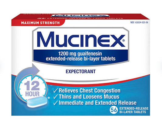 2 Pack of Mucinex 12 Hour 1200mg Maximum Strength Guaifenesin Chest Congestion & Mucus Relief, Guaifenesin Expectorant Aids Mucus Removal, Chest Decongestant for Adults, Dr Recommended, 56 ct Tablets