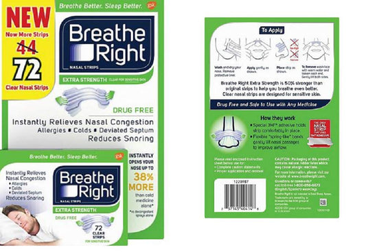 Breathe Right Nasal Strips to Stop Snoring, Drug-Free, Extra Clear (72 Count)