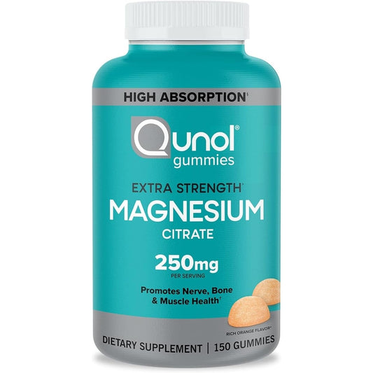Qunol Magnesium Citrate Gummies for Adults, 250mg Magnesium Gummies Extra Strength 250mg, High Absorption Magnesium Supplement, Supports Nerve Health, Bone Health, Muscle Health, Vegetarian, 150 Count