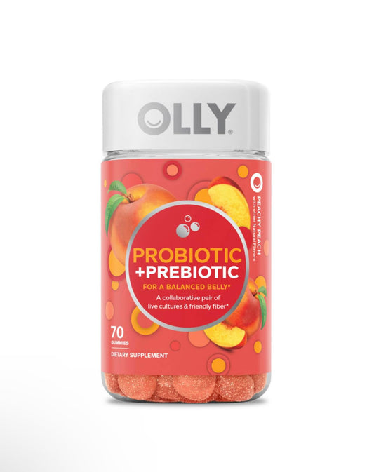 OLLY Probiotic + Prebiotic Gummy, Digestive Support and Gut Health, 500 Million CFUs, Fiber, Adult Chewable Supplement for Men and Women, Peach, 70ct