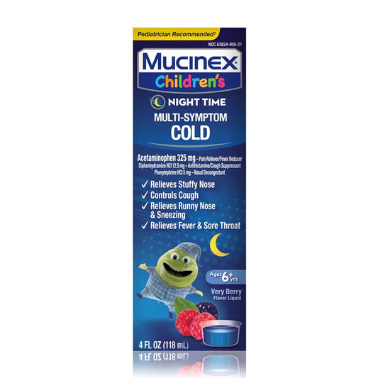 Cold, Cough, and Fever, Mucinex Children's Multi-Symptom, Night Time Cold Liquid, Mixed Berry, 4oz, Reduces Fever, Controls Cough, Relieves Stuffy Nose