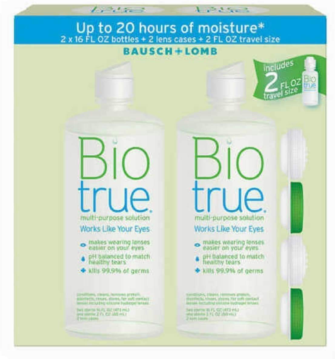 Bio True Bausch + Lomb Biotrue Multi-Purpose Solution Contact Lenses Set, 2 x 16 FL OZ Bottles + 2 Lens Cases + 2 FL OZ Travel Size