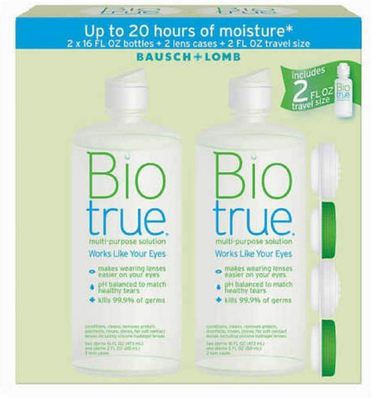 Bio True Bausch + Lomb Biotrue Multi-Purpose Solution Contact Lenses Set, 2 x 16 FL OZ Bottles + 2 Lens Cases + 2 FL OZ Travel Size