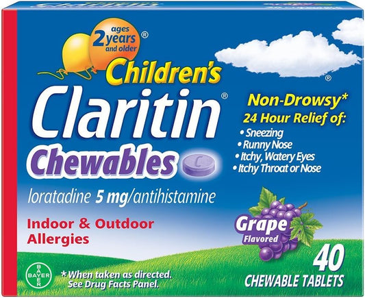 Claritin Children's Chewable 5 mg, 40 Count Grape Chewable Tablets, 24 Hour Non-Drowsy, Indoor & Outdoor Allergy Relief