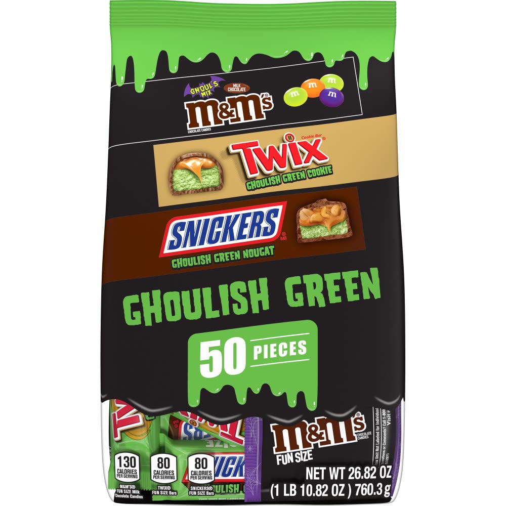 M&M'S Milk Chocolate Ghoul's Mix, SNICKERS & TWIX Ghoulish Green Fun Size Bulk Halloween Chocolate Candy Assortment, 26.82 oz, 50 Piece Bag