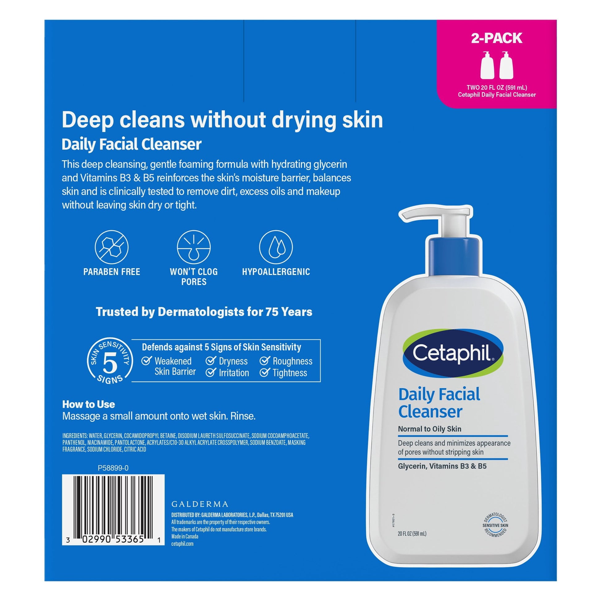 Cetaphil Daily Facial Cleanser for Sensitive Skin, Combination to Oil Skin, (20 fl. oz., 2 pk.)