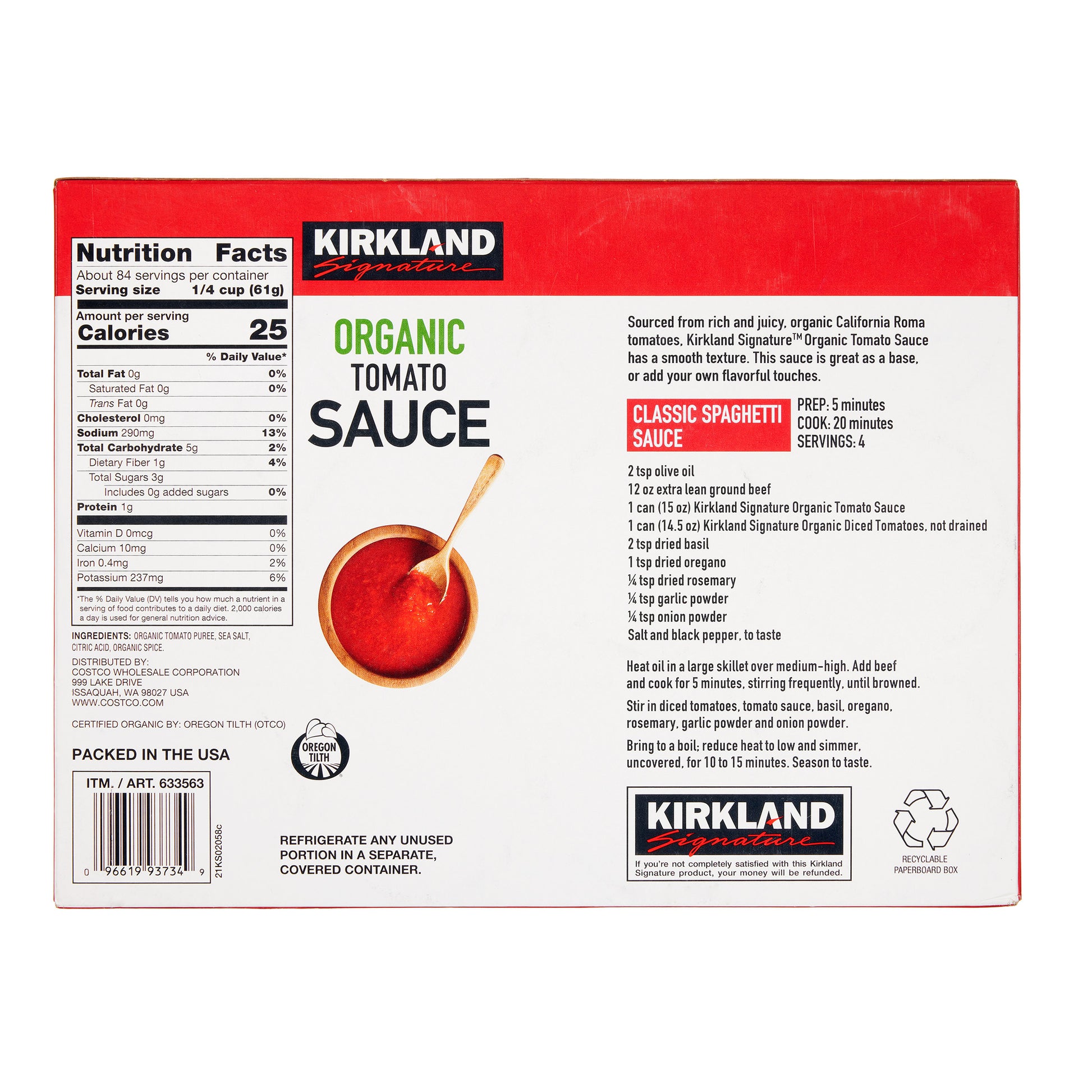 KIRKLAND SIGNATURE ORGANIC TOMATO SAUCE 12/15 OZ