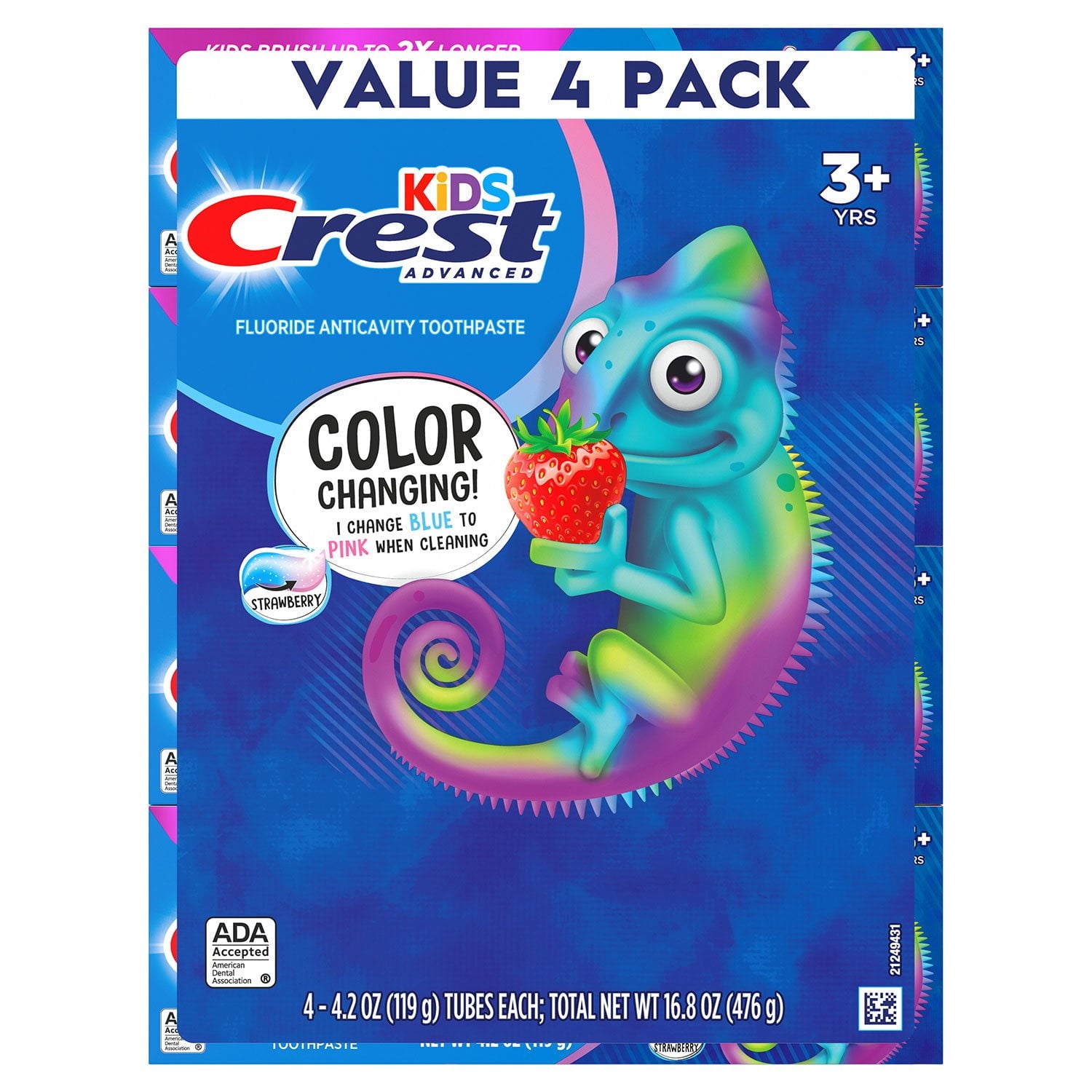 Crest Kid's Advanced Color Changing Toothpaste, Strawberry, 4.2 oz., 4 pk.
