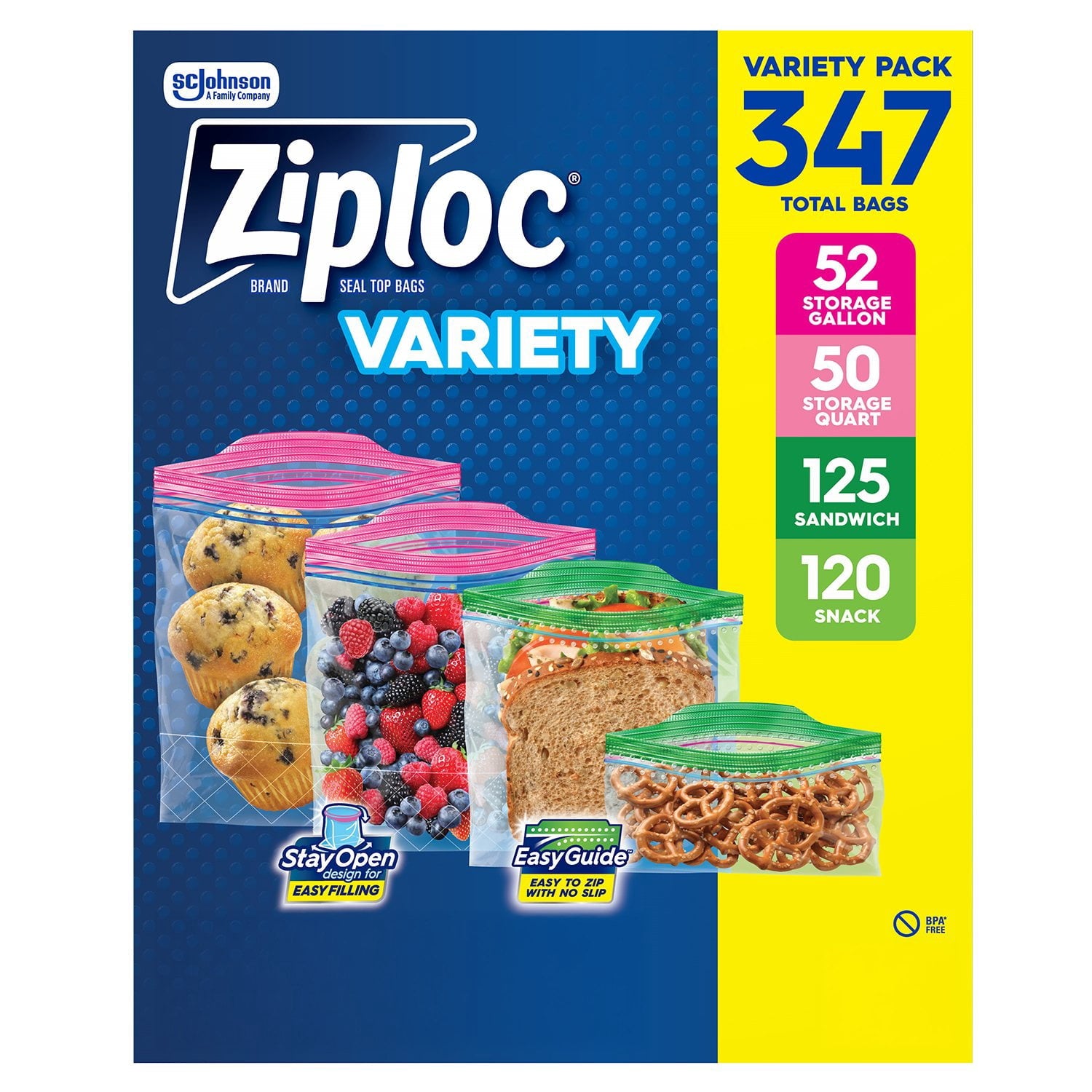 Ziploc Brand Gallon & Quart Storage and Sandwich & Snack Bags Variety pack, 347 ct.