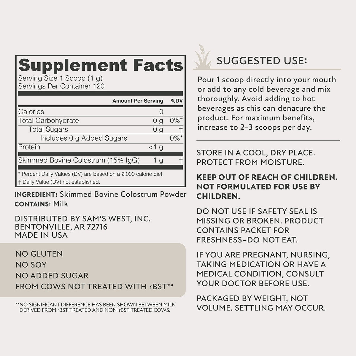 Member's Mark Colostrum Powder, Unflavored, 120 g.
