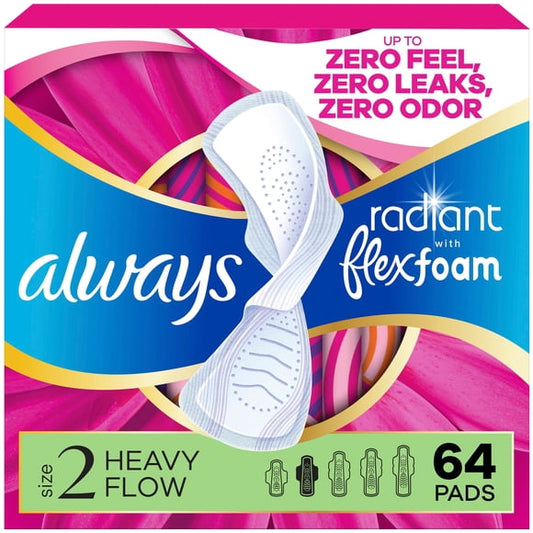 Always Radiant FlexFoam Heavy Flow Pads, Unscented, Size 2, 64 ct.