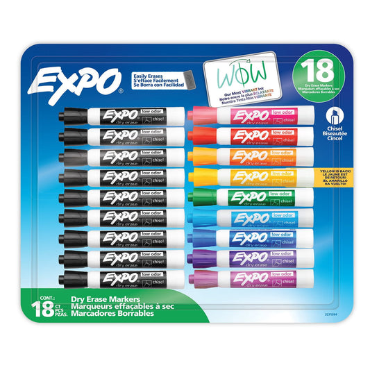 EXPO Dry Erase Markers, Low Odor Ink, Assorted Colors, Chisel Tip, 18 Count