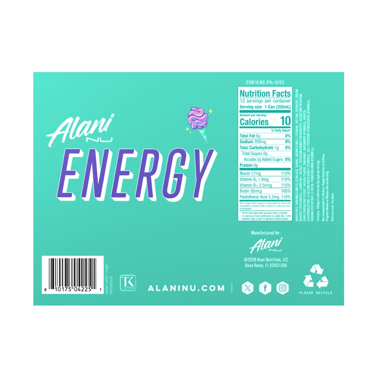 Alani Nu Energy Drink, Purple Cotton Candy, 12 fl. oz., 12 pk.