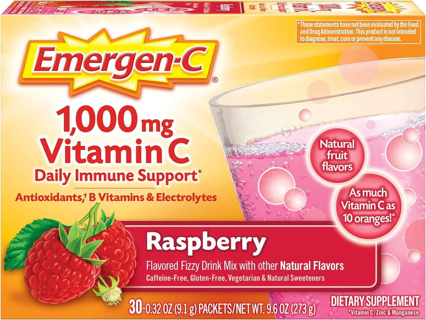 Emergen-C 1000mg Vitamin C Powder, with Antioxidants, B Vitamins and Electrolytes, Immunity Supplements for Immune Support, Caffeine Free Fizzy Drink Mix, Raspberry Flavor, 0.32 Ounce (Pack of 30)