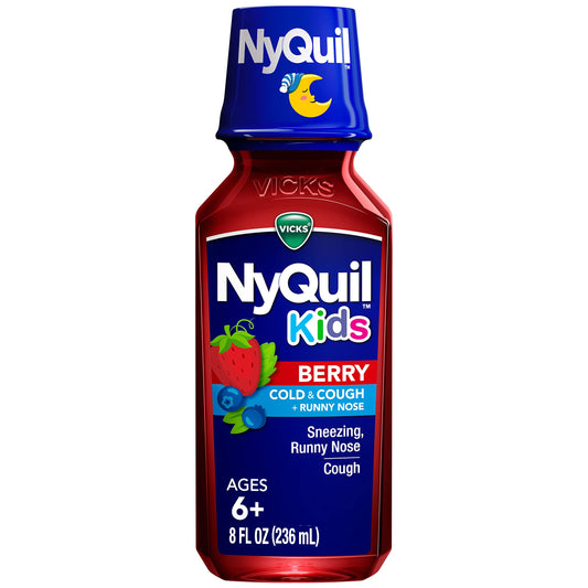 Vicks Children's NyQuil Cold & Cough Medicine for Sneezing, Runny Nose, and Cough Relief, Free of Alcohol and Acetaminophen, Berry Flavor, for Children Ages 6+, 8 FL OZ