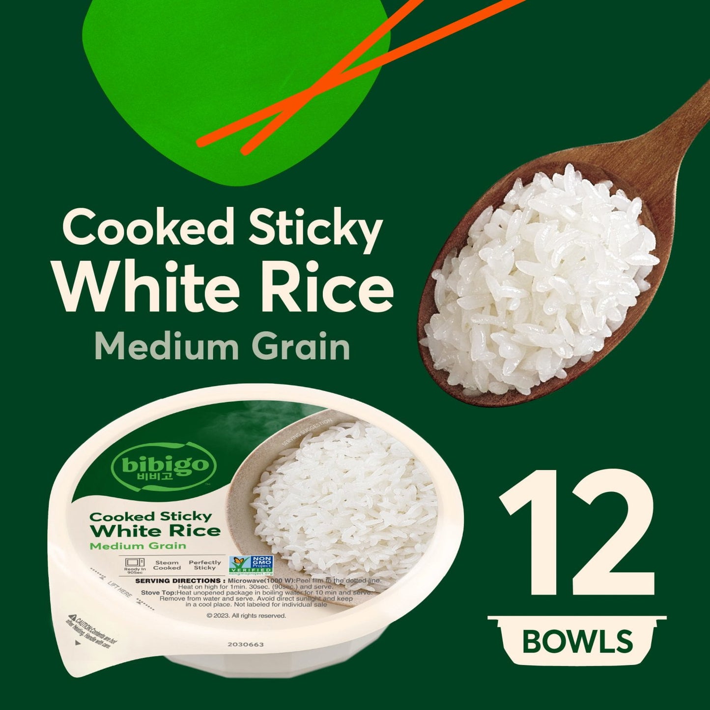 Bibigo Korean Style Cooked Sticky White Rice Bowl, 7.4 oz., 12 pk.