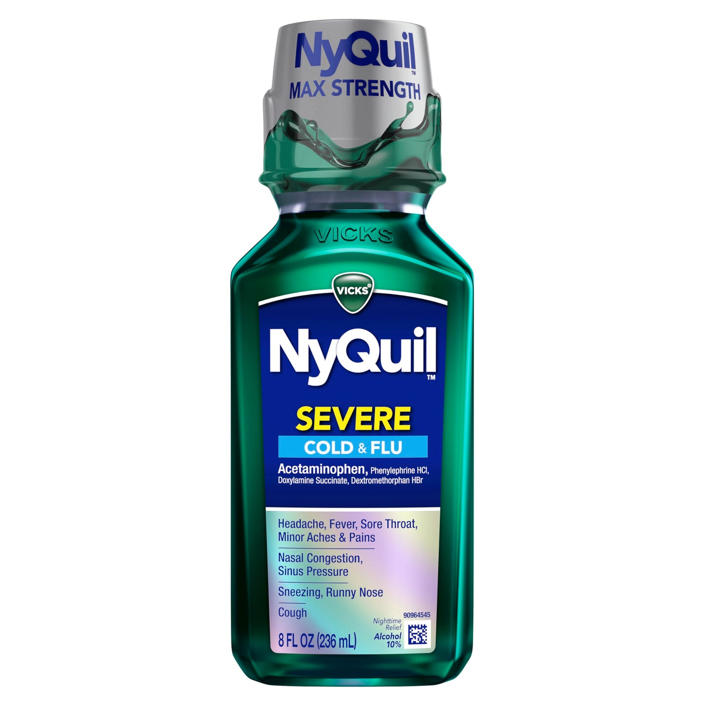 Vicks NyQuil SEVERE Cold and Flu Relief Liquid Medicine, Maximum Strength, 9-Symptom Nighttime Relief For Headache, Fever, Sore Throat, Nasal Congestion, Sinus Pressure, Runny Nose, Cough, 8 FL OZ