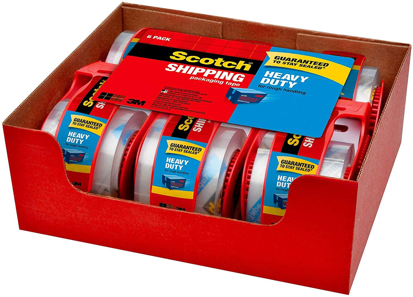 Scotch Heavy Duty Shipping Packaging Tape with Dispenser, Clear, 1.88 in x 22.2 yd (1.5 in Core), 6 Rolls – Strong Adhesive Tape for Moving, Packing & Mailing, One-Strip Seal, 3 mil Thick