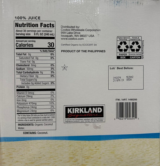 Kirkland Signature Organic Coconut Water, 33.8 Fluid Ounce (Pack of 9)