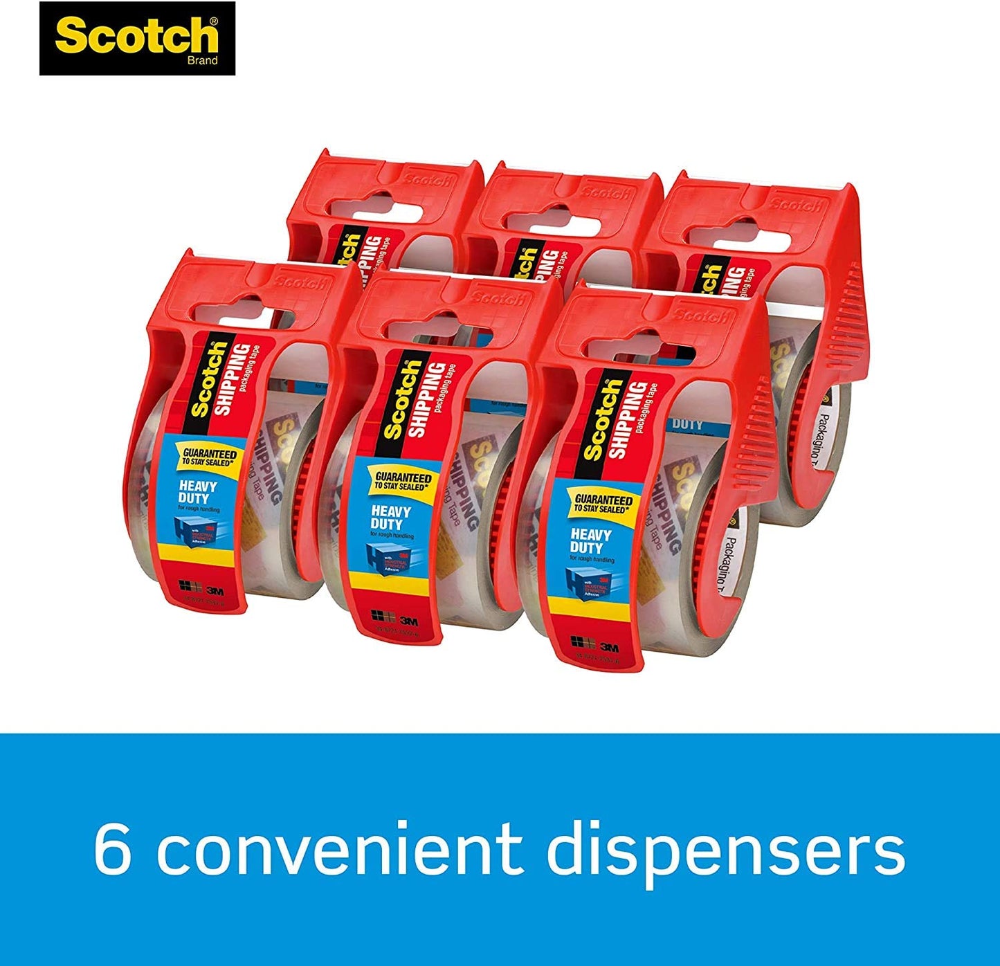 Scotch Heavy Duty Shipping Packaging Tape with Dispenser, Clear, 1.88 in x 22.2 yd (1.5 in Core), 6 Rolls – Strong Adhesive Tape for Moving, Packing & Mailing, One-Strip Seal, 3 mil Thick