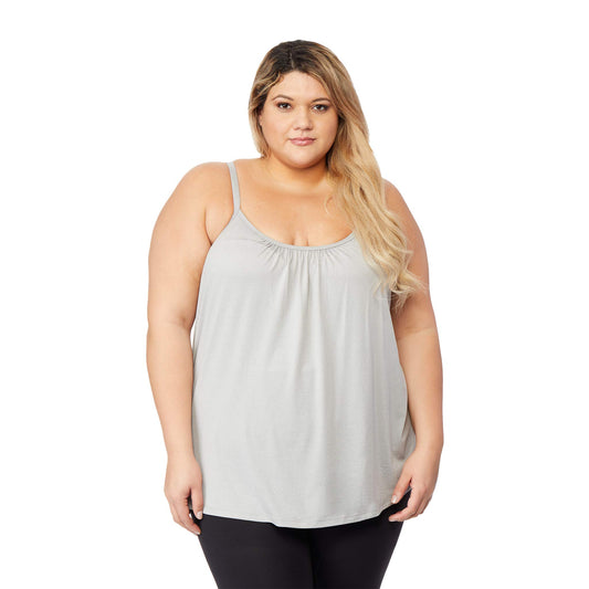 32 Degrees Cool Womens Shirred Flowly Relaxed Lounge Built-in Cups Shelf Bra Tank Cami, Ghost Grey HTR, 2X