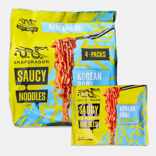 Snapdragon Saucy Instant Noodles with Korean BBQ Slurpable Sauce - Quick Meal, Snack, and Lunch. 4-Pack Microwave Noodles for Cup, Bowl, Ramen or Asian Stir Fry