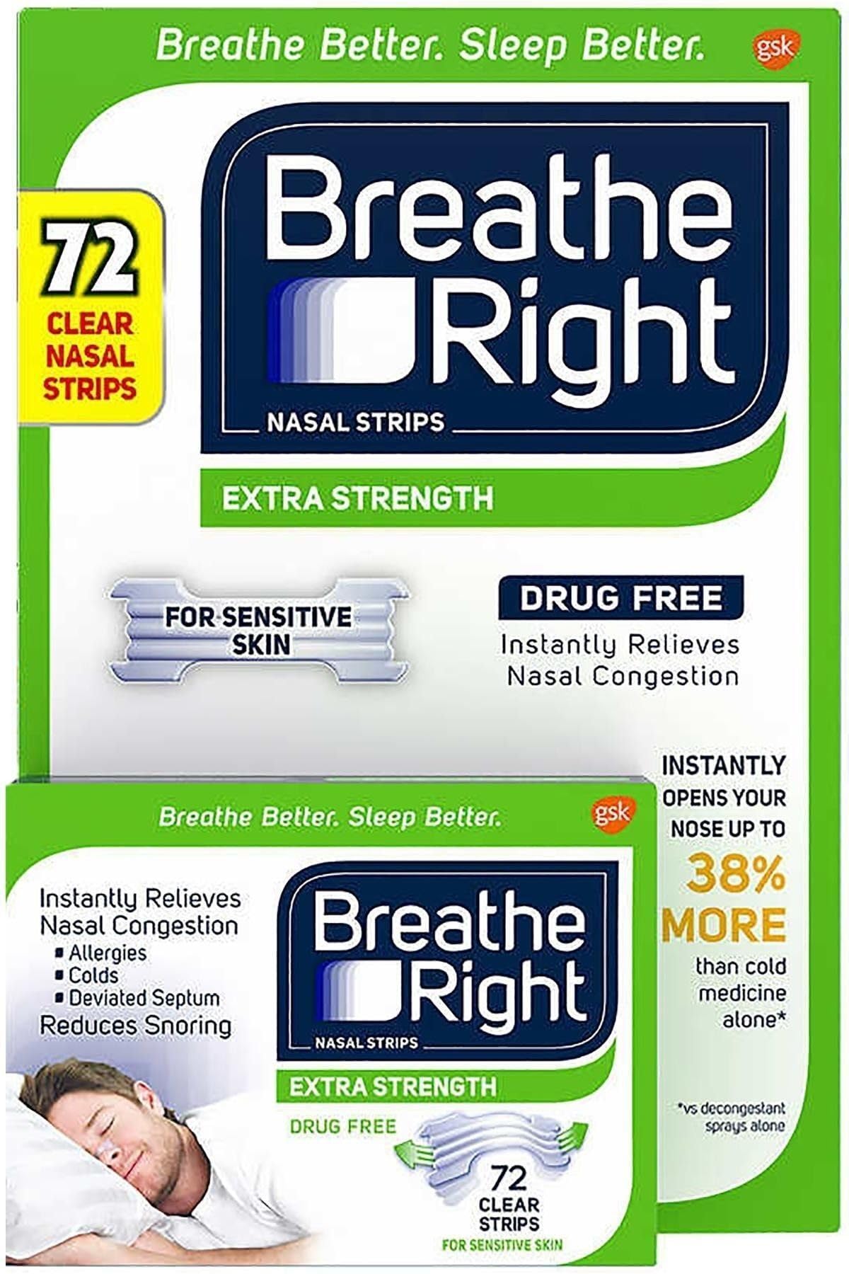 Breathe Right Nasal Strips, Extra Clear for Sensitive Skin, 72 Clear Strips